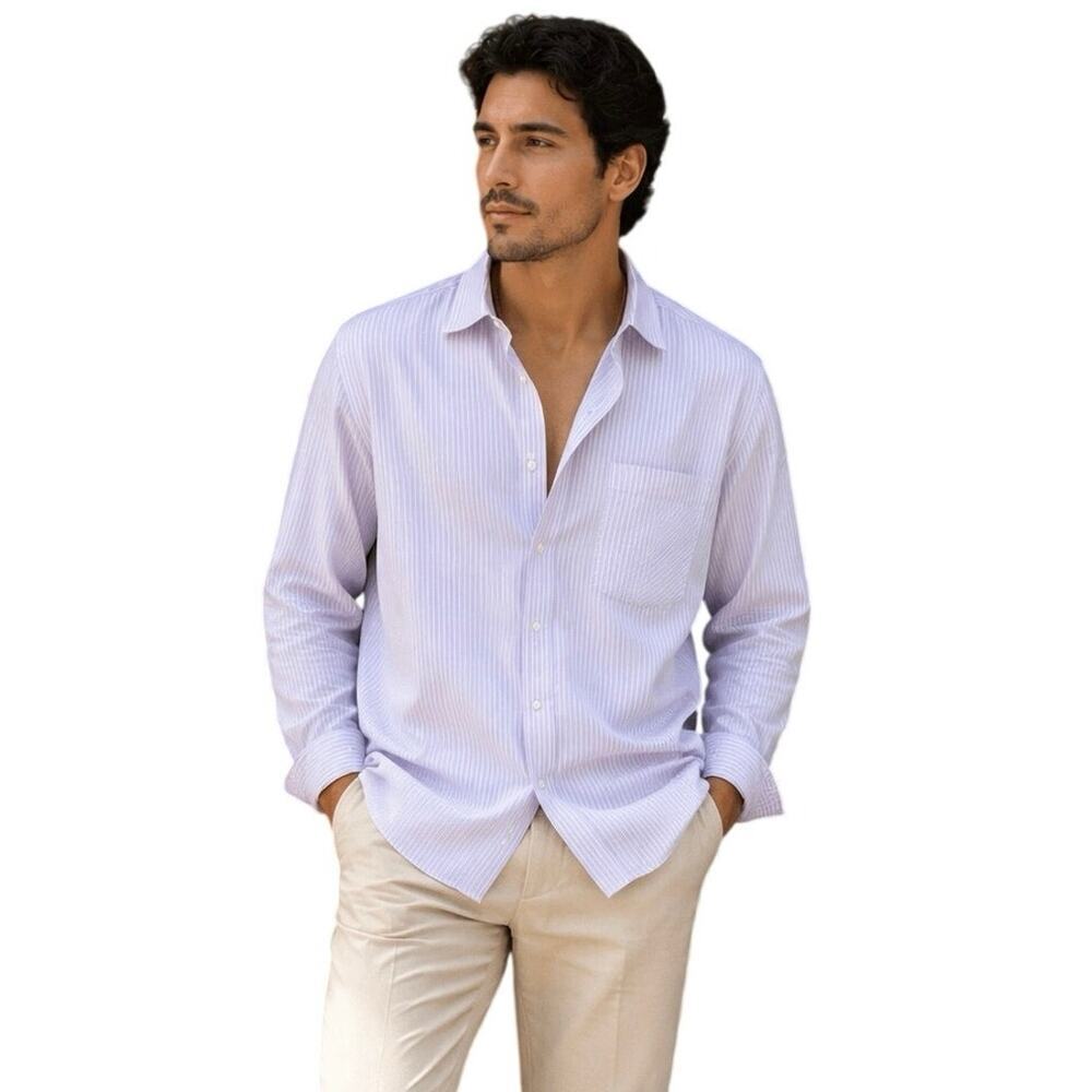 Jos A Bank Traveler Dress Shirt 17 34 Purple White Stripe 100% Cotton Mens - Picture 1 of 12